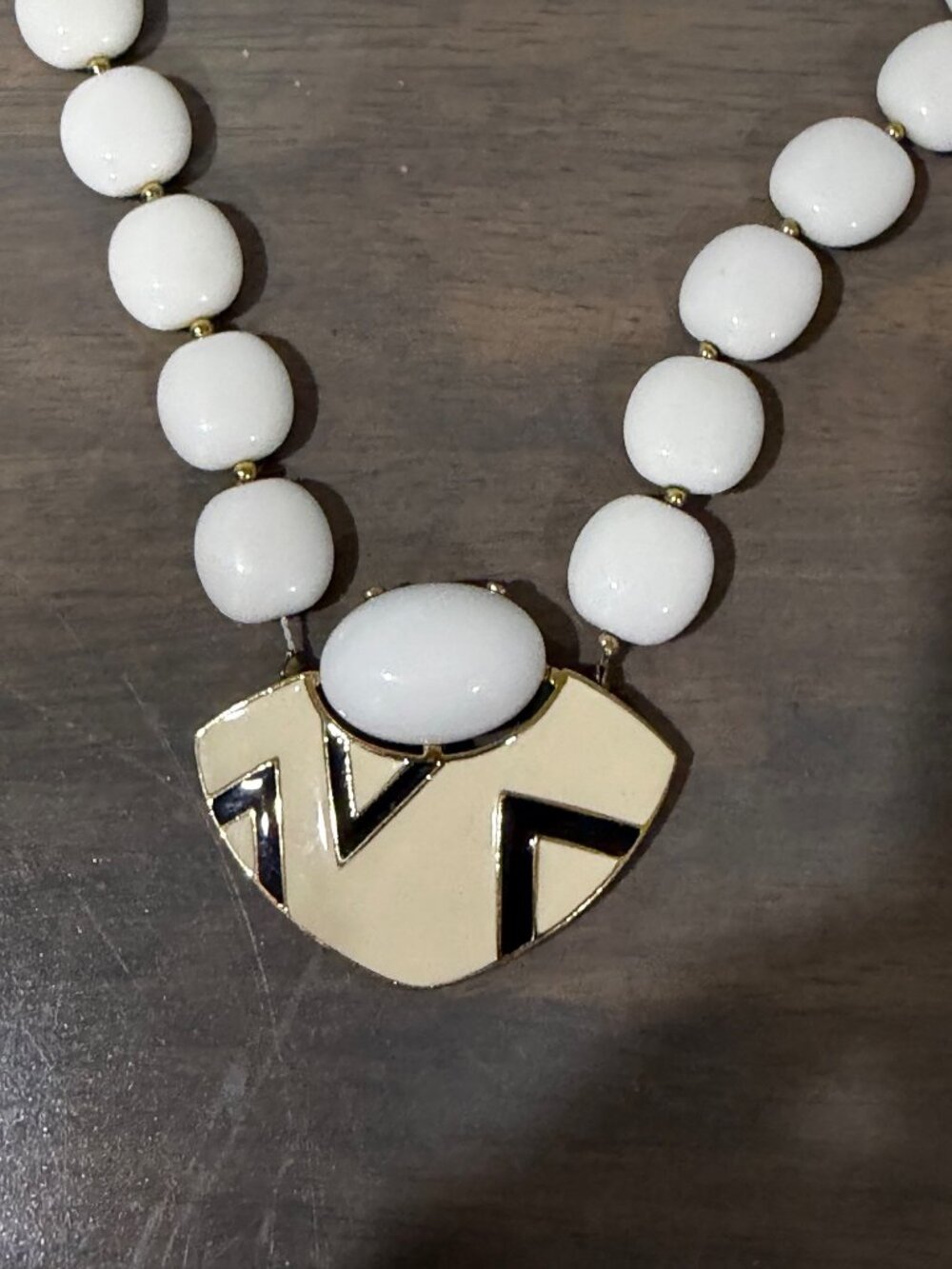 Vintage Trifari Black and White Enamel Pendant White Beaded Statement Necklace